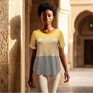 EUC Hailey & Co Women’s Block Yellow and Gray Striped Short Sleeve Top - Size L